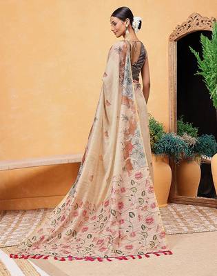 Beige printed cotton blend ethnic saree with blouse piece 3