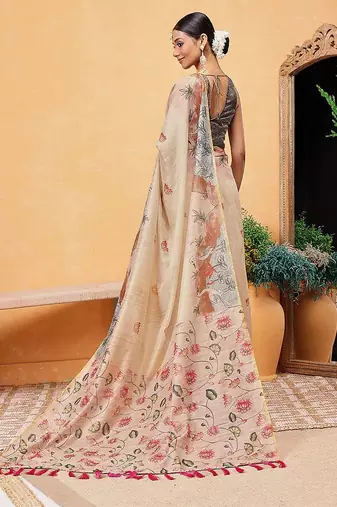 Beige printed cotton blend ethnic saree with blouse piece