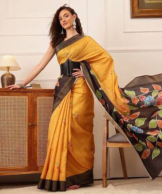 Mustard printed silk blend ethnic saree with blouse piece 4