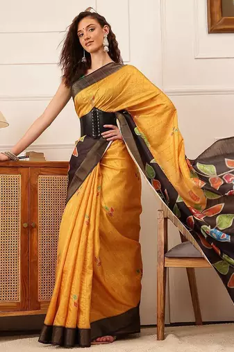 Mustard printed silk blend ethnic saree with blouse piece