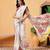Off white printed silk blend ethnic saree with blouse piece