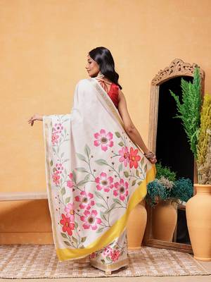 off white printed silk blend saree with blouse 3