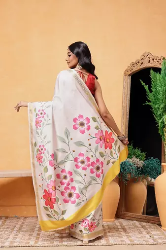 Off white printed silk blend ethnic saree with blouse piece