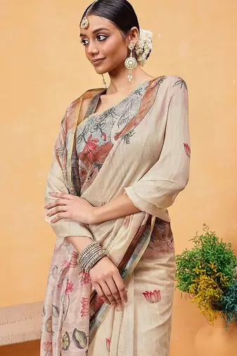 Beige printed cotton blend ethnic saree with blouse piece