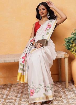 off white printed silk blend saree with blouse 4