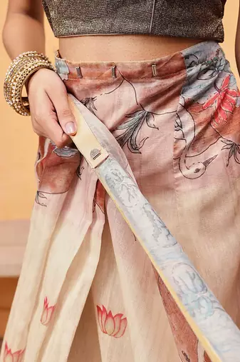 Beige printed cotton blend ethnic saree with blouse piece