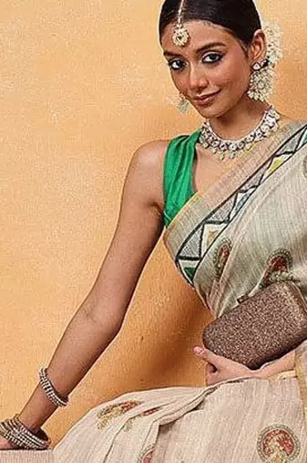 Beige printed cotton blend ethnic saree with blouse piece