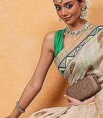 Beige printed cotton blend ethnic saree with blouse piece