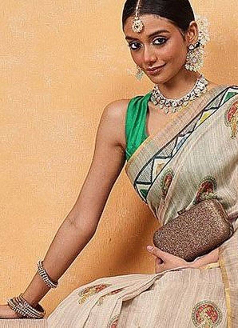 Beige printed cotton blend ethnic saree with blouse piece