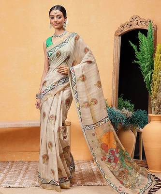Beige printed cotton blend ethnic saree with blouse piece 2