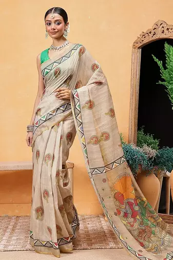 Beige printed cotton blend ethnic saree with blouse piece