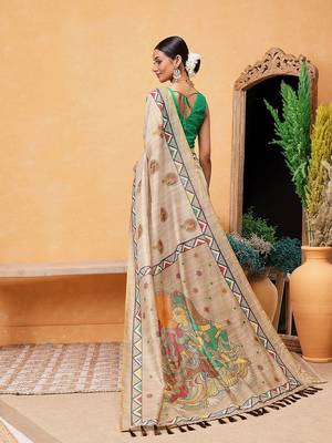 Beige printed cotton blend ethnic saree with blouse piece 3