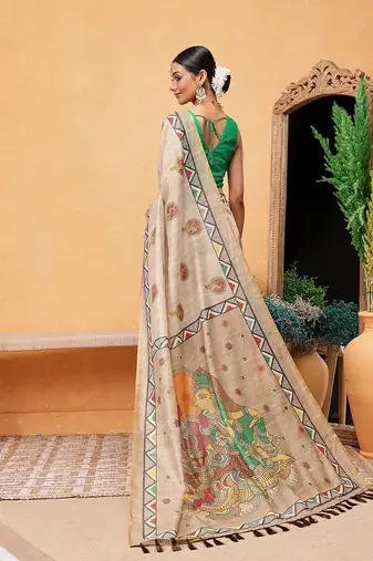 Beige printed cotton blend ethnic saree with blouse piece