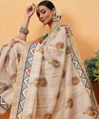 Beige printed cotton blend ethnic saree with blouse piece 4