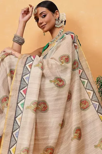 Beige printed cotton blend ethnic saree with blouse piece