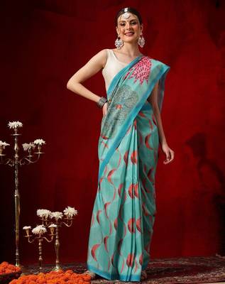 Teal printed cotton blend ethnic saree with blouse piece 1