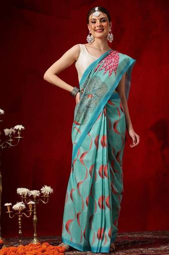 Teal printed cotton blend ethnic saree with blouse piece