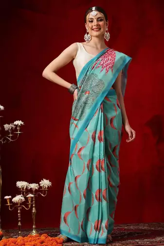 Teal printed cotton blend ethnic saree with blouse piece
