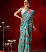 Teal printed cotton blend ethnic saree with blouse piece