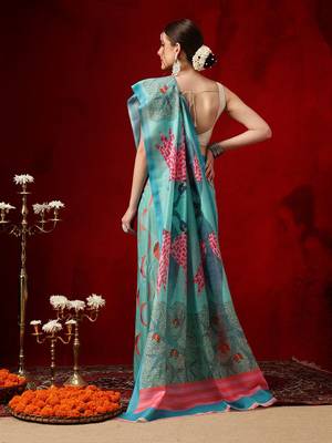 Teal printed cotton blend ethnic saree with blouse piece 2