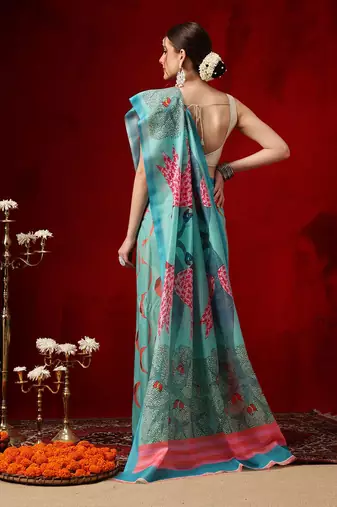 Teal printed cotton blend ethnic saree with blouse piece