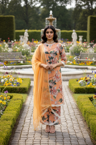 Schiffli Printed suit with crochet lace detailing comes with cotton doria Dupatta and Schiflli palazzos Set of 3