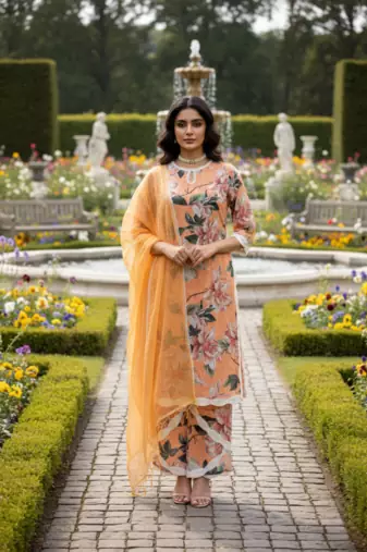 Schiffli Printed suit with crochet lace detailing comes with cotton doria Dupatta and Schiflli palazzos Set of 3