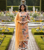 Schiffli Printed suit with crochet lace detailing comes with cotton doria Dupatta and Schiflli palazzos Set of 3