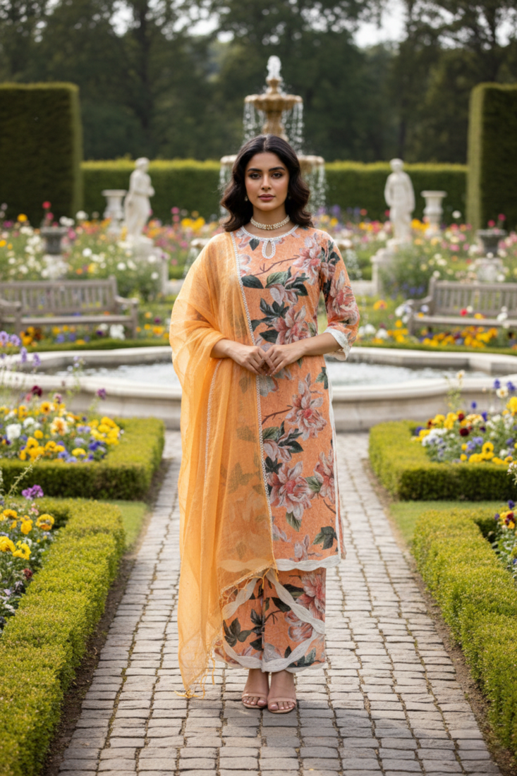 Schiffli Printed suit with crochet lace detailing comes with cotton doria Dupatta and Schiflli palazzos Set of 3
