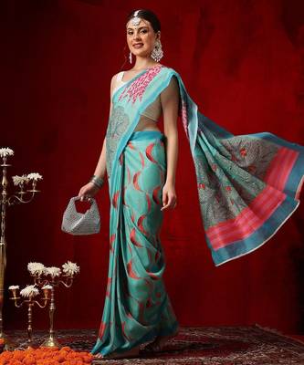 Teal printed cotton blend ethnic saree with blouse piece 3