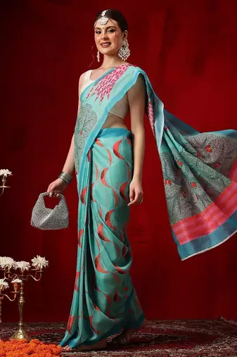 Teal printed cotton blend ethnic saree with blouse piece