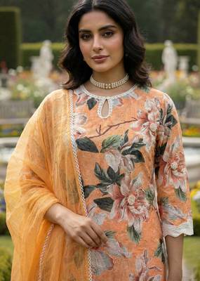 Schiffli Printed suit with crochet lace detailing comes with cotton doria Dupatta and Schiflli palazzos Set of 3 2