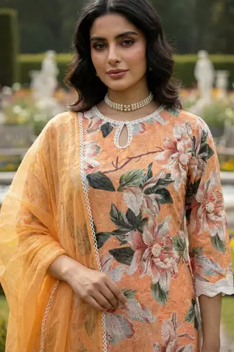 Schiffli Printed suit with crochet lace detailing comes with cotton doria Dupatta and Schiflli palazzos Set of 3
