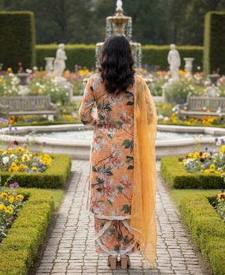 Schiffli Printed suit with crochet lace detailing comes with cotton doria Dupatta and Schiflli palazzos Set of 3 3