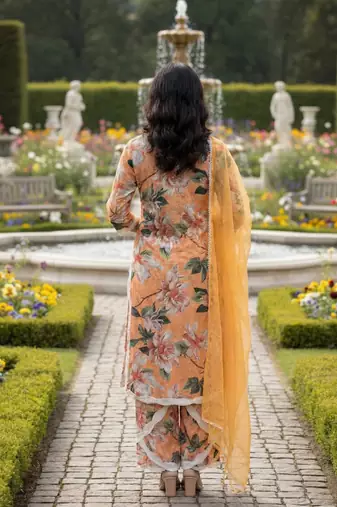 Schiffli Printed suit with crochet lace detailing comes with cotton doria Dupatta and Schiflli palazzos Set of 3