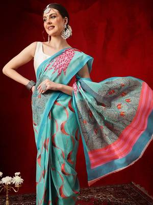Teal printed cotton blend ethnic saree with blouse piece 4