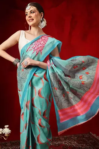 Teal printed cotton blend ethnic saree with blouse piece