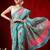 Teal printed cotton blend ethnic saree with blouse piece