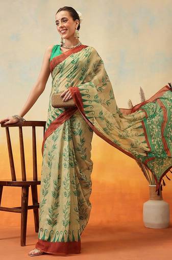 Beige printed cotton blend ethnic saree with blouse piece