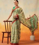 Beige printed cotton blend ethnic saree with blouse piece