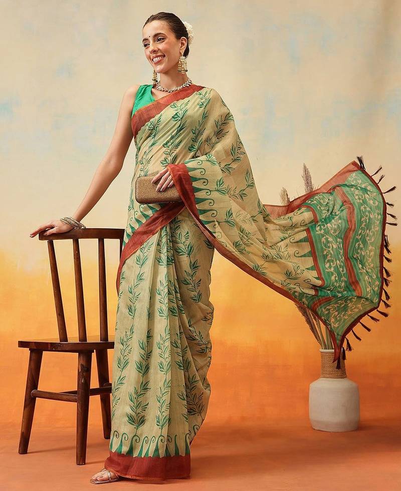 Beige printed cotton blend ethnic saree with blouse piece
