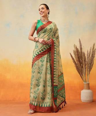 Beige printed cotton blend ethnic saree with blouse piece 2