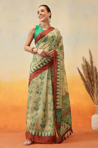 Beige printed cotton blend ethnic saree with blouse piece