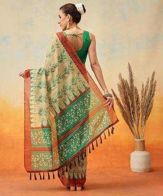 Beige printed cotton blend ethnic saree with blouse piece 3