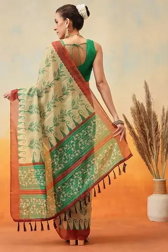 Beige printed cotton blend ethnic saree with blouse piece
