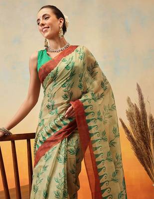 Beige printed cotton blend ethnic saree with blouse piece 4