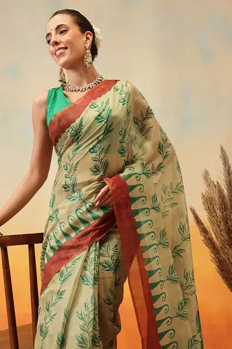 Beige printed cotton blend ethnic saree with blouse piece