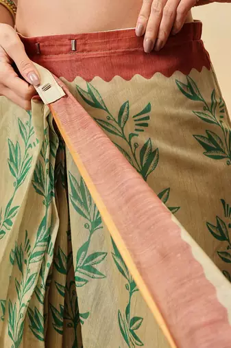 Beige printed cotton blend ethnic saree with blouse piece
