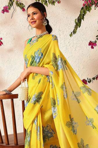 Yellow printed polycotton casual wear saree with blouse piece