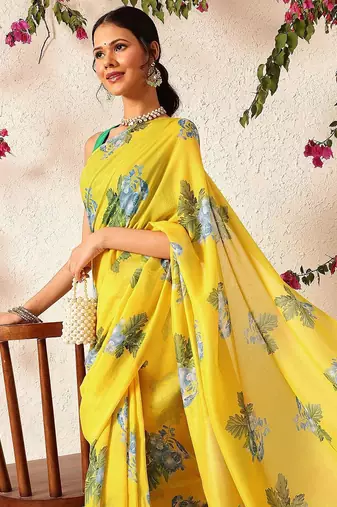 Yellow printed polycotton casual wear saree with blouse piece